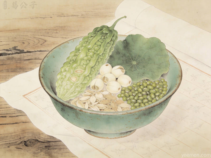 夏至节气:阳极阴生的传统饮食智慧与养生之道 3 夏至养生食材特写,苦瓜莲子荷叶等药食同源食材摆放于青瓷碗中