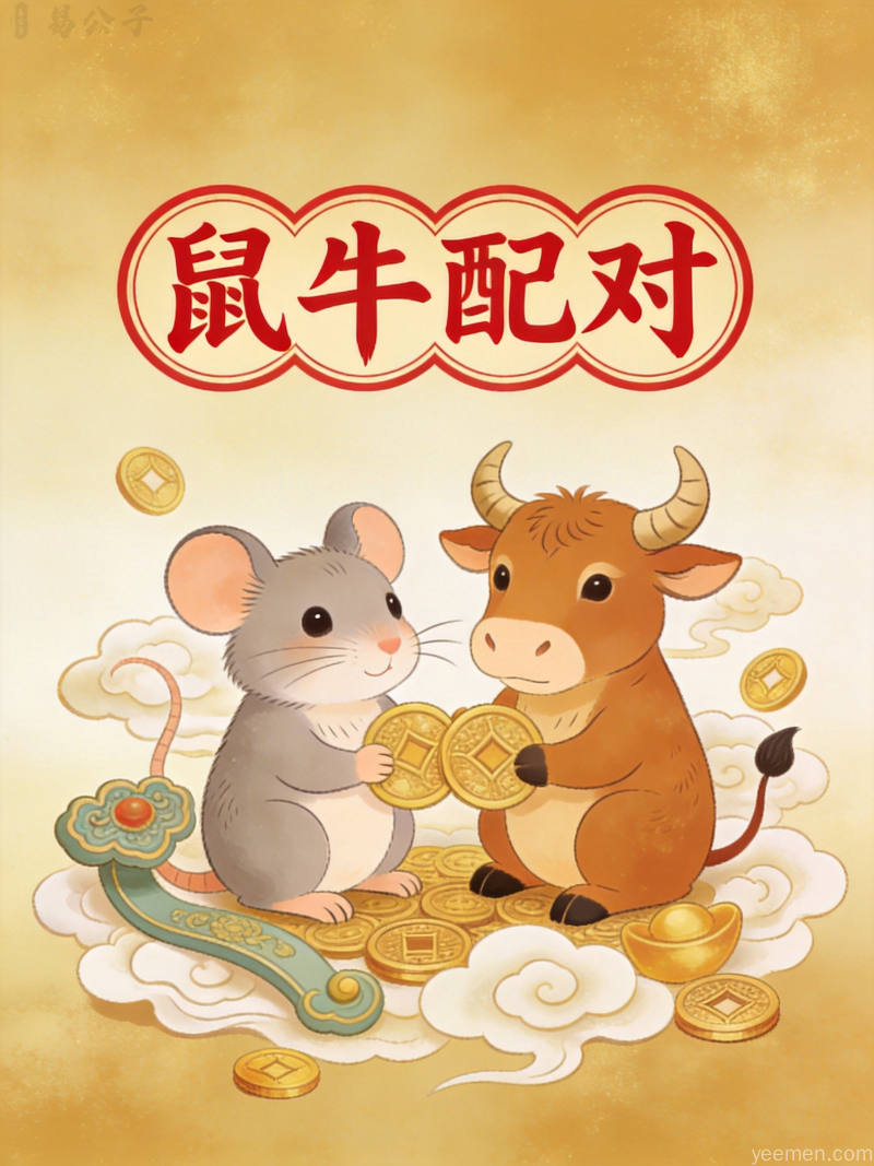 十二生肖圆盘图案，鼠位与牛位相邻 highlighting 子丑六合关系