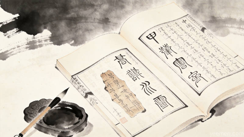 古典学研究意象，古籍书页与毛笔砚台