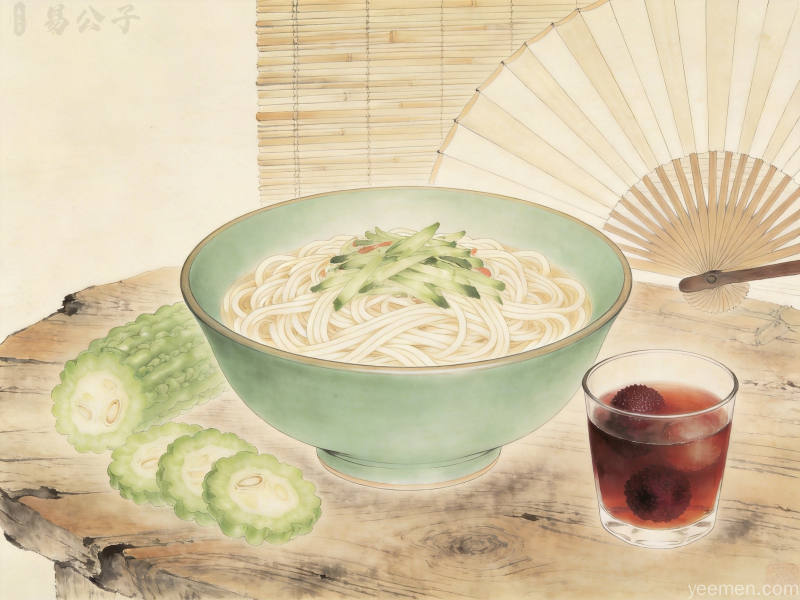 从阳极阴生到顺时调养:夏至节气的传统生活智慧 2 传统夏至饮食文化展示,青瓷碗中凉面搭配苦瓜片与酸梅汤,古朴木桌配以竹帘折扇,呈现养生智慧
