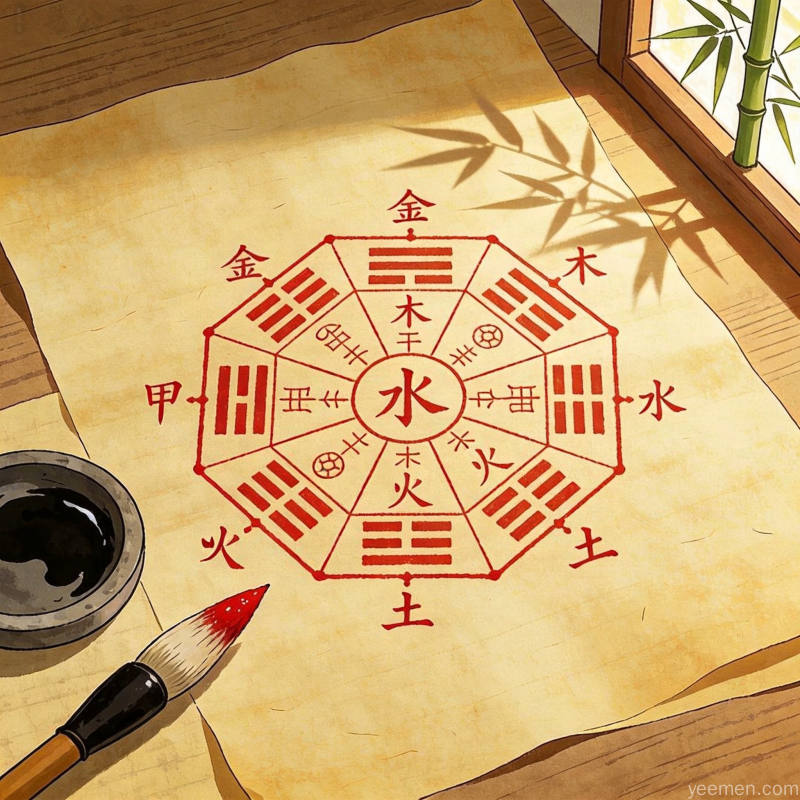 青铜器质感卦象图解，六个爻位排列展示阴阳变化，背景为饕餮纹饰，色调古铜绿，呈现厚重历史感