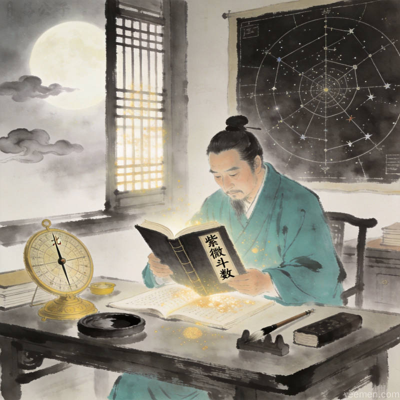 紫微斗数入门:十四主星构建的性格解读框架 2 宣纸上朱砂色勾勒的紫微斗数命盘示意图,十四主星分布其间,配以金石篆刻装饰,呈古朴学术氛围