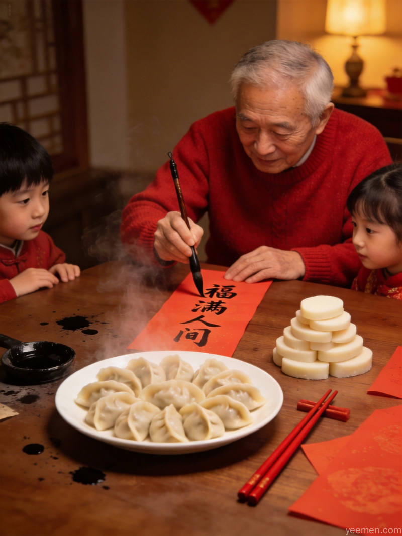 传统节日里的文化密码:从天人合一到礼尚往来 2 春节年夜饭团圆场景:家人围坐共进除夕团圆饭,桌上摆放鱼和饺子等寓意吉祥的传统年菜