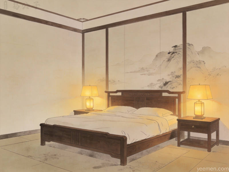 卧室床头朝向讲究主题插画，展示正确的床位摆放方式与风水方位示意，传统罗盘元素搭配现代家居空间