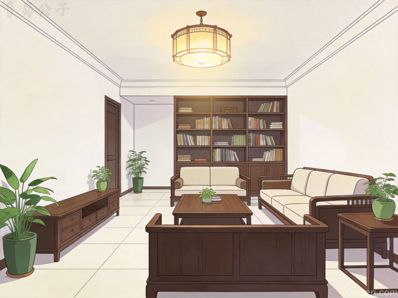 理想家居收纳空间插画，整齐有序的客厅展示柜与绿植装饰，简约有序的新中式生活美学风格画面