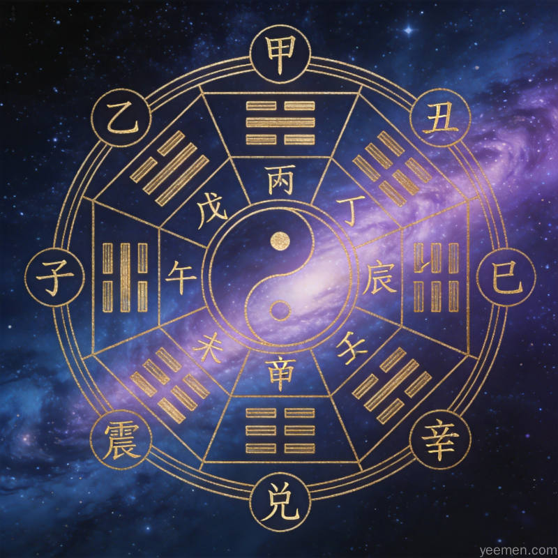 奇门遁甲八门分布格局示意图，星空银河背景