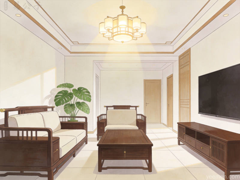 客厅杂乱摆放场景插画，枯萎绿植和堆叠杂物纸箱占据空间角落，与整洁环境形成鲜明对比的反面教材画面
