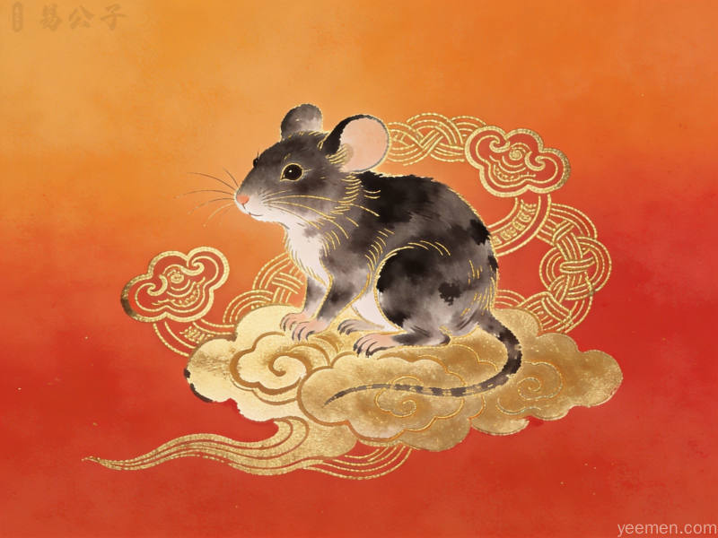 国潮插画风格生肖动物与元宝桃花相映成趣，红金配色呈现吉祥如意的传统祥瑞氛围