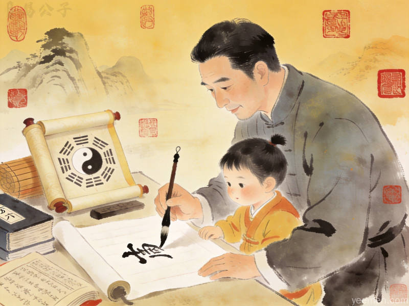 水墨丹青风格的新生儿取名主题插画，竹简卷轴上书写汉字，印章点缀其间，书卷气息浓厚的文气庄重画面