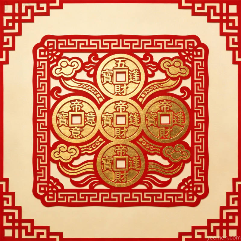 红色与金色剪纸风格的五帝钱和如意纹样组合，配以回纹边框的传统吉祥装饰图案