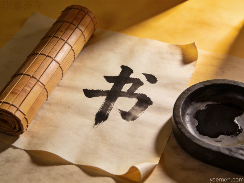 古朴毛笔字在宣纸上拆解笔画的意境画面，墨色浓淡变化配以竹简砚台等文房元素