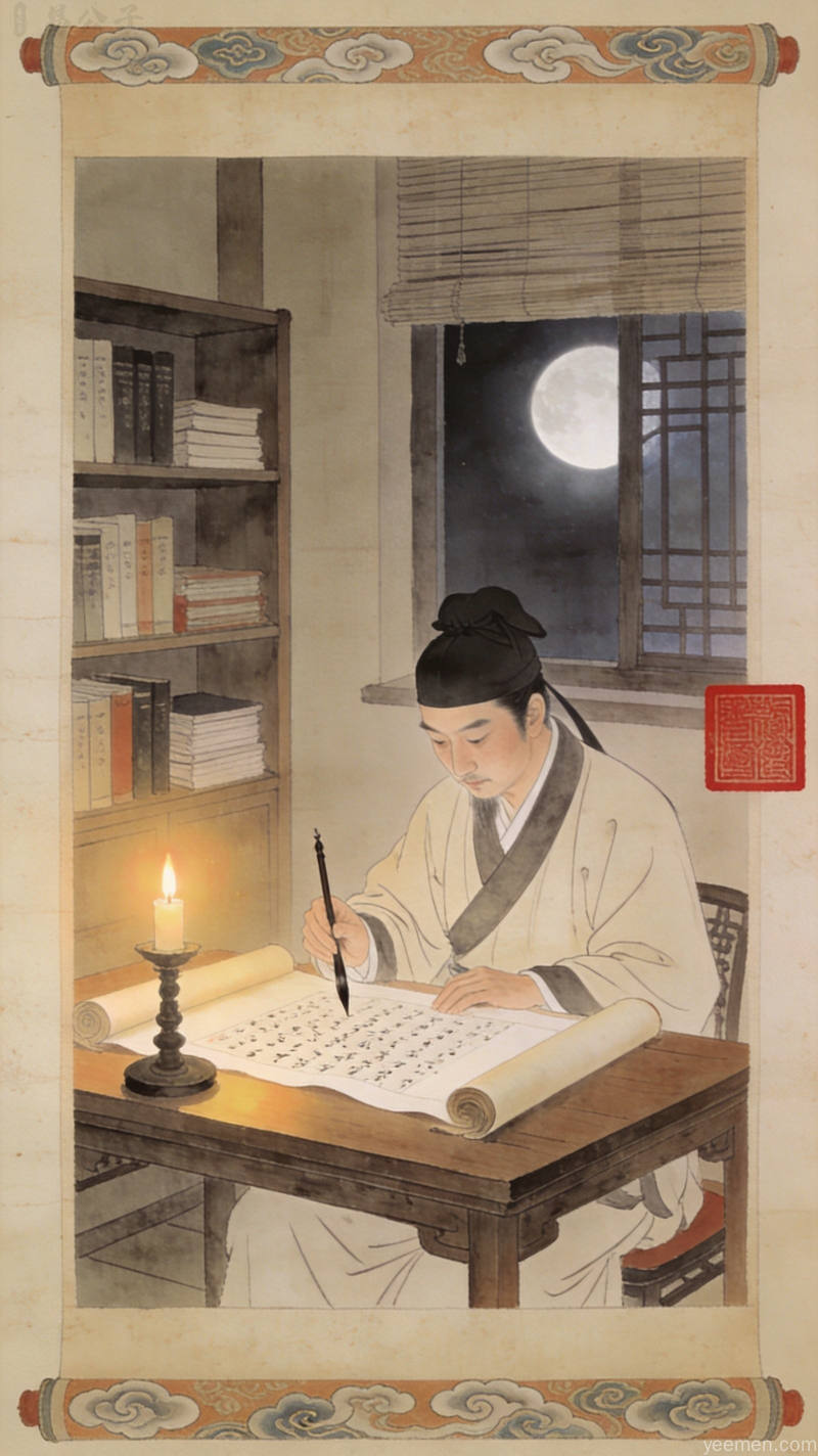 古代书生在烛光下研读字帖的工笔画意境画面，搭配印章卷轴等传统文化元素
