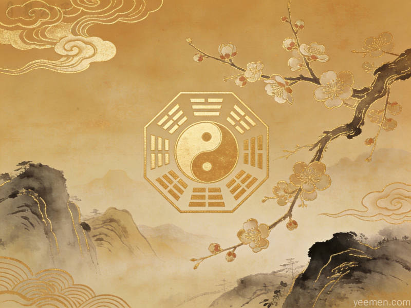 金线勾勒的梅花枝条与易经卦象符号组合，淡墨山水背景配祥云纹样的古朴典雅画面
