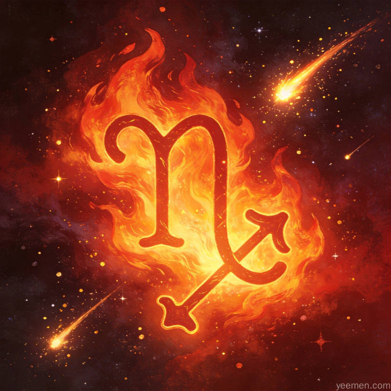 火焰元素与星座符号融合的抽象艺术图案，暖色调红橙渐变搭配流星和星尘元素