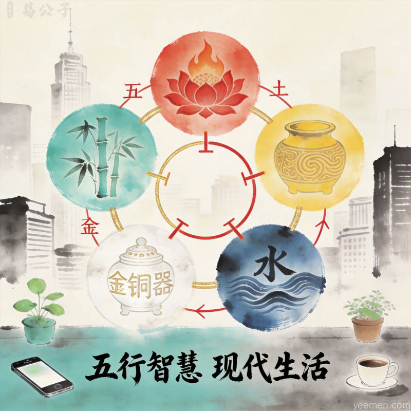 五行相生相克原理配图，呈现木火土金水五大元素的融合