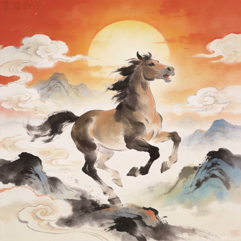 水墨风格十二生肖图，马年腾跃祥云间，古韵悠然意境深远
