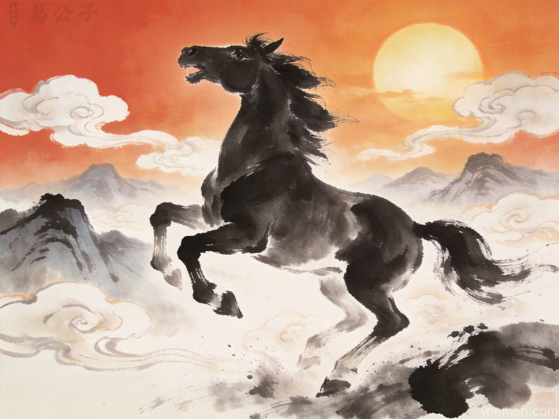 水墨山水间生肖图案，太极八卦元素点缀，古典雅致