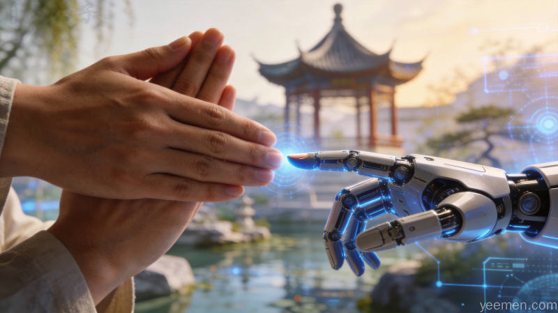人类与机器人握手，象征古今智慧的融合