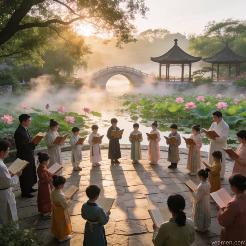 户外晨读场景，家庭与孩子共同体验国学之美