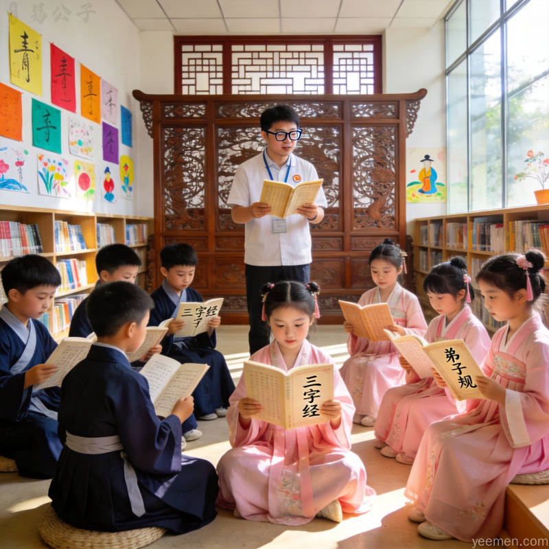 图书馆内的儿童国学诵读活动，孩子们身着汉服学习