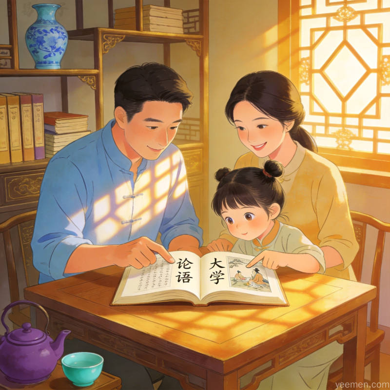 温馨的亲子共读场景，一家人诵读国学经典