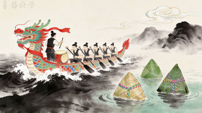 端午节龙舟竞渡与传统文化习俗插画