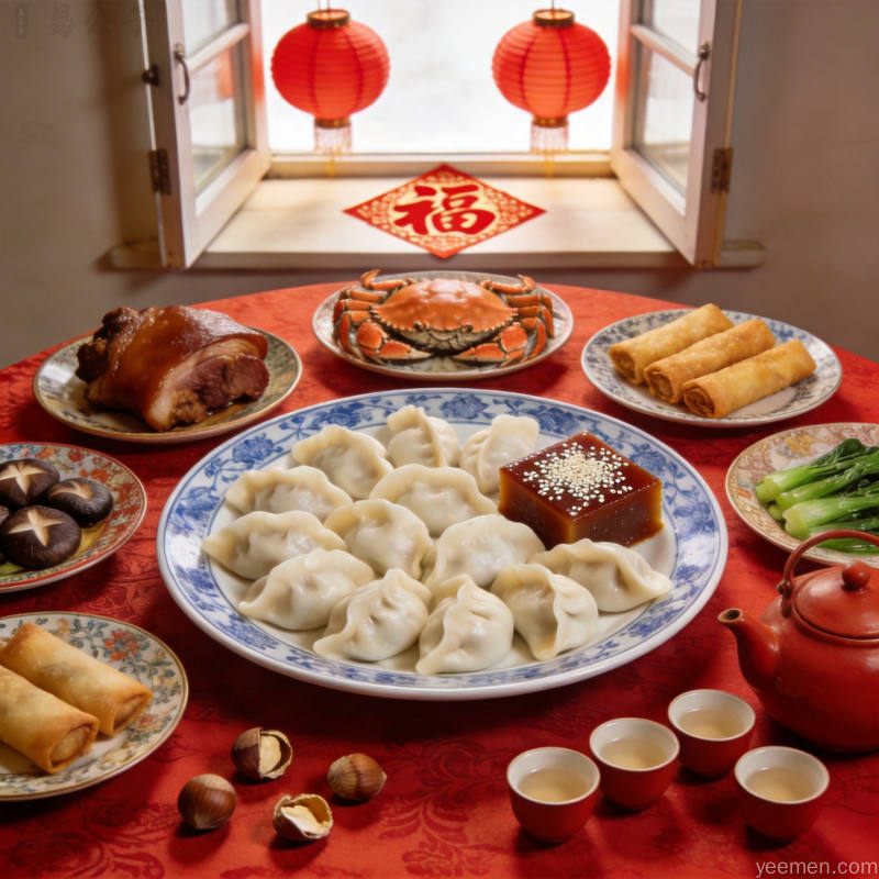 春节年夜饭团聚场景，红灯笼春联，传统美食，阖家欢乐