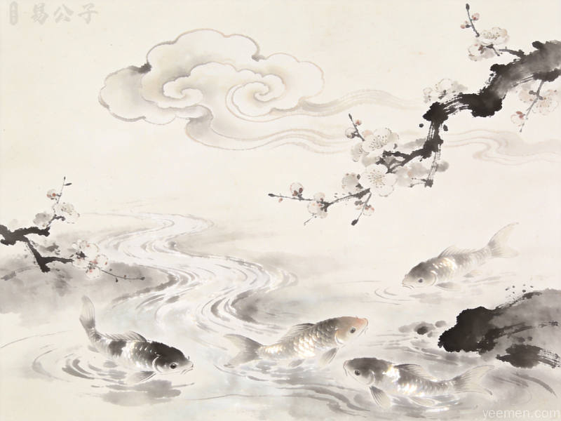水墨风格日历图案，梅花祥云，意境悠远