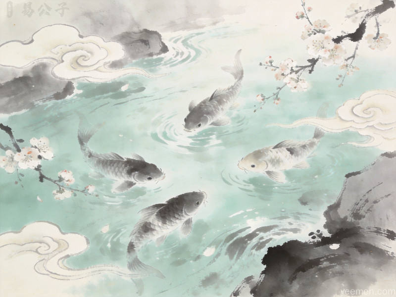 水墨风格清澈流水与锦鲤意象，祥云梅花点缀，意境悠远