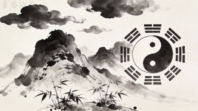 水墨风格太极八卦图，竹叶点缀其间，展现传统文化韵味