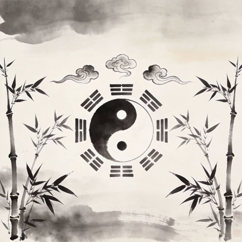水墨八卦太极意境图,祥云环绕呈现古典美感
