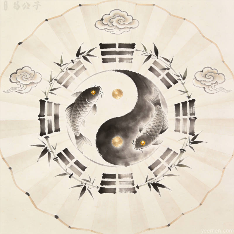 国学文化插画素材,太极图案与祥云意境结合