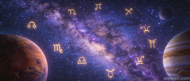 七月的星空下十二星座符号在银河中闪耀