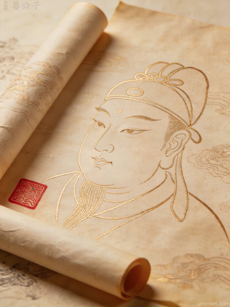 金线勾勒的传统面部轮廓图，搭配卷轴印章元素，古朴典雅