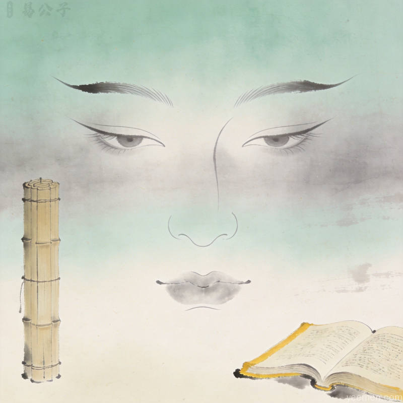剪纸艺术风格的五官面相图谱，搭配梅兰竹菊纹样，古典雅致