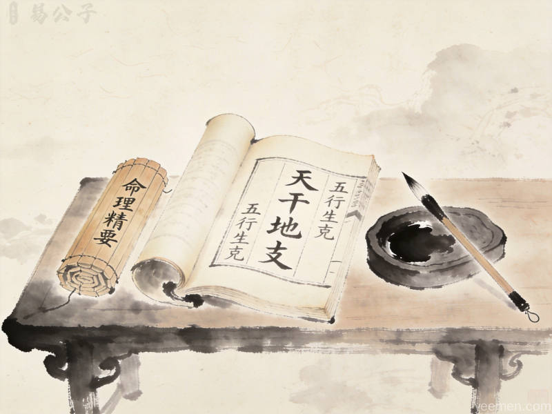 水墨风格命理古书卷轴竹简砚台组合