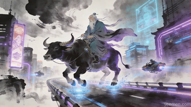 AI漫画风格的老子骑牛图融合赛博朋克元素