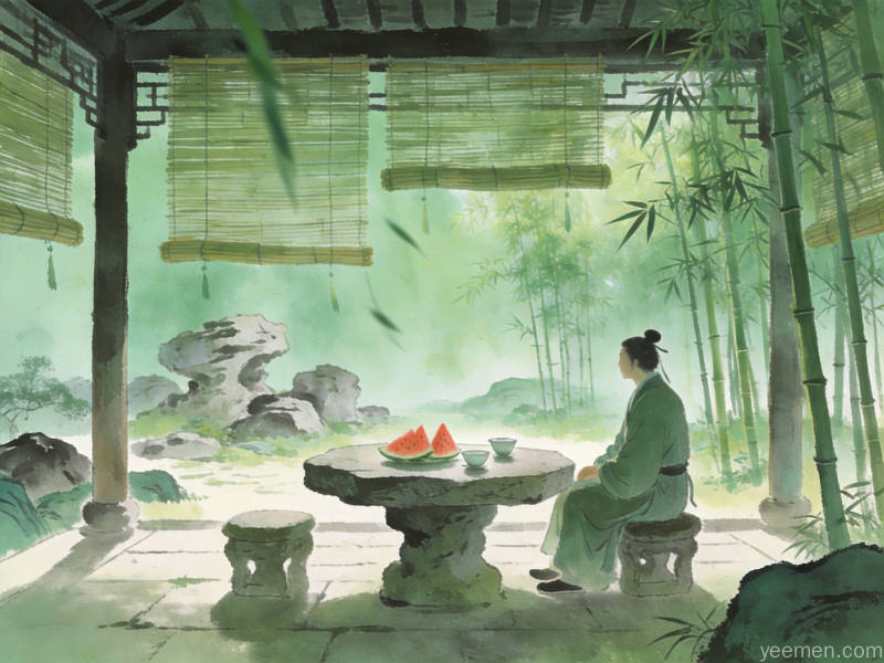 青绿山水风格夏日庭院纳凉场景