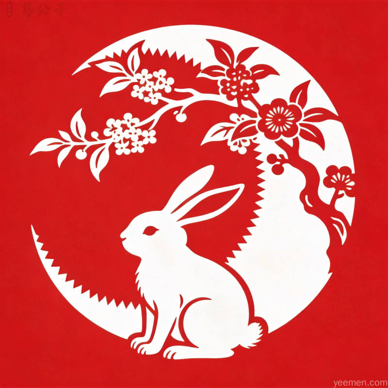 传统剪纸风格兔子与桂花月亮吉祥图案