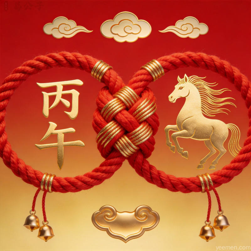 本命年红色绳结搭配干支文字与生肖图案的民俗文化艺术图