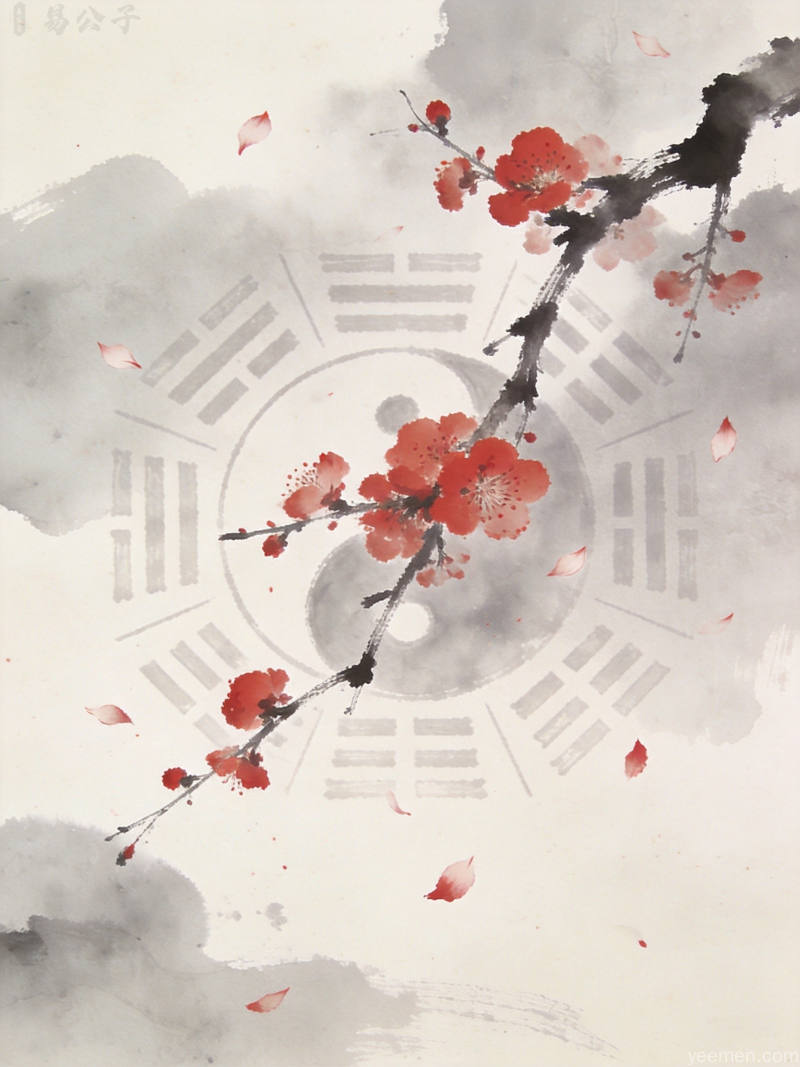 水墨风格梅花枝头绽放配八卦图案暗喻梅花易数起源