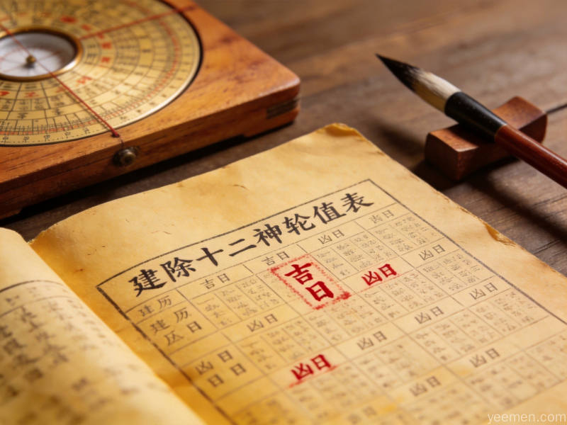 传统黄历书页上的建除十二神轮值表与朱砂标注