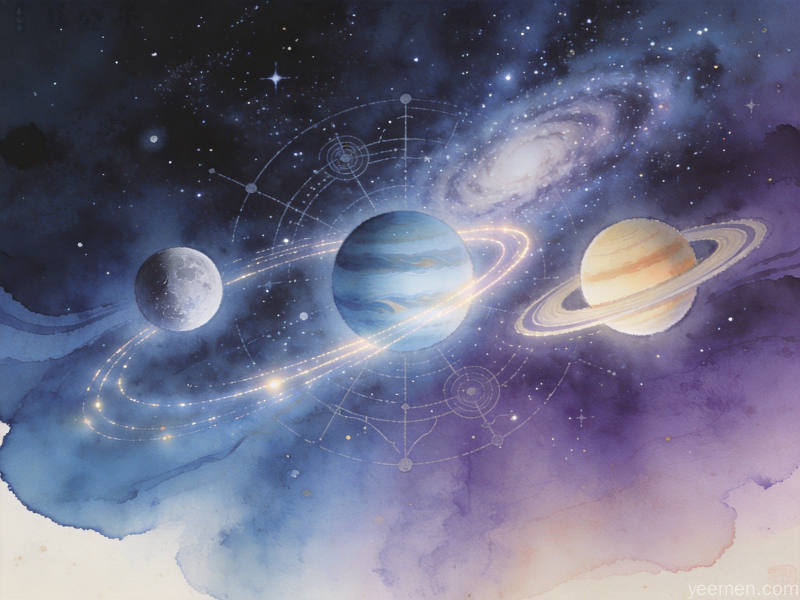 深蓝紫色星空中三颗行星以光带轨迹运行的天文美学图景