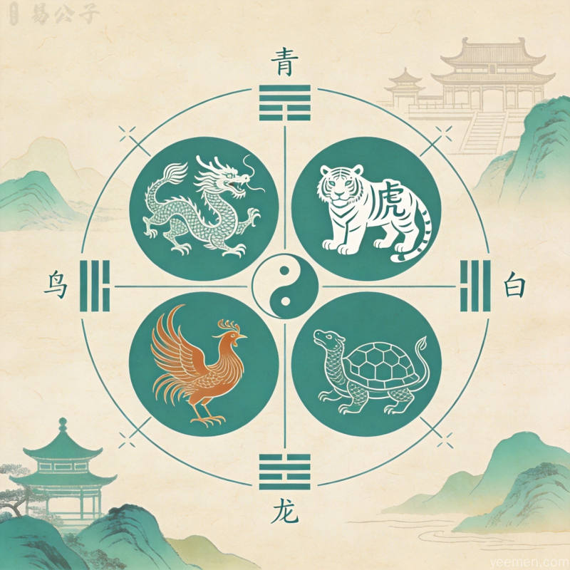 传统四象方位青龙白虎朱雀玄武与古建筑空间布局示意图