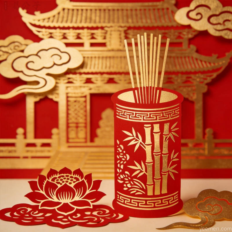 红金配色的传统寺庙签筒与竹签图案搭配祥云莲花展现民俗祈福文化