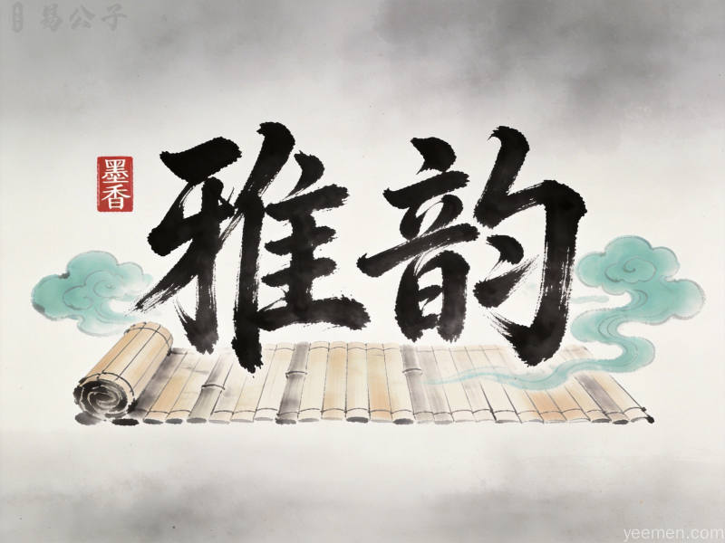 水墨风格的毛笔字与竹简图案搭配印章祥云元素展现传统文字文化之美