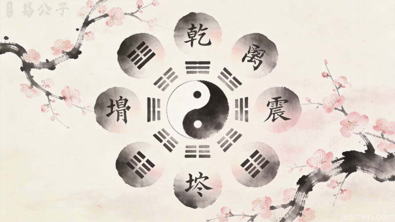传统风格的五行生克关系图搭配卦象符号与祥云
