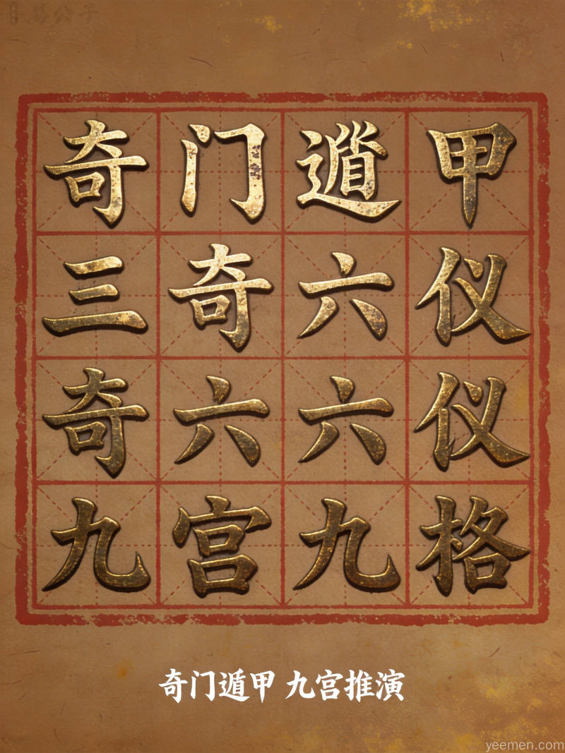 金石篆刻风格的九宫格图案,天干地支符号分布其中