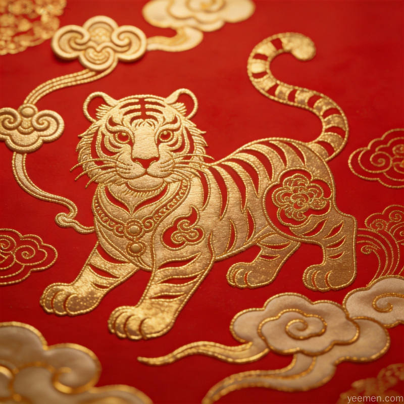 金线勾勒的生肖虎搭配如意纹样，背景祥云缭绕，呈现吉祥喜庆的传统美学
