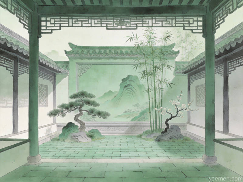 青绿山水风格的庭院内景,影壁回廊与松竹梅相映成趣